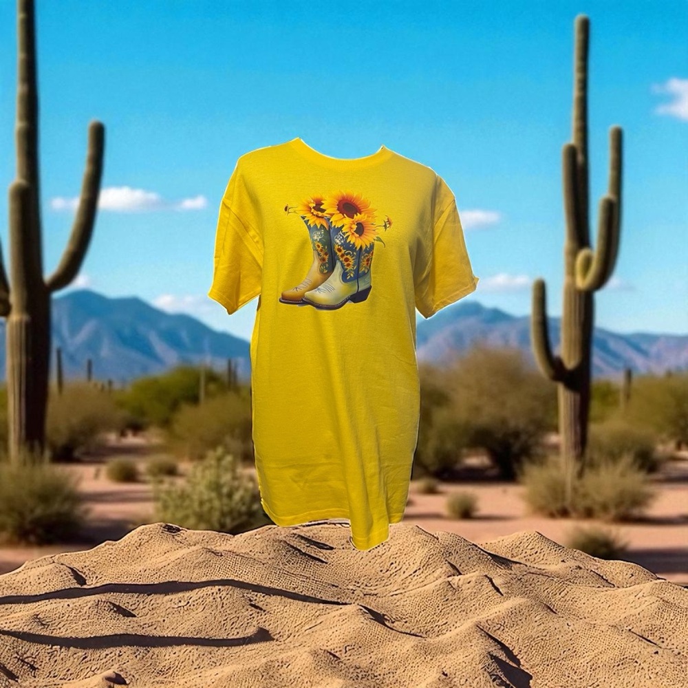 Yellow Short Sleeve Tee with Sunflower Boot Design